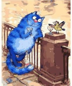 Blue Cat Drinking With Bird Paint By Number