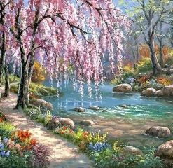 Cherry Blossom Tree Near River Paint By Numbers