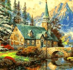 Church On Mountain And River Paint By Number