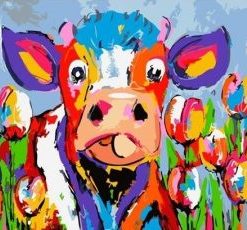 Colorful Cow In Flower Field Paint By Number