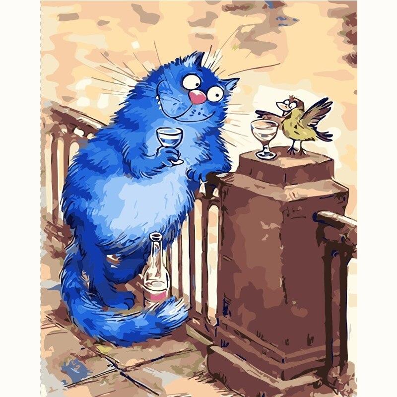 Blue Cat Drinking With Bird Paint By Numbers