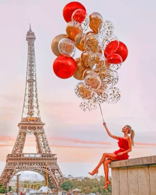 Girl Holding Balloons In Eiffel Tower paint by numbers