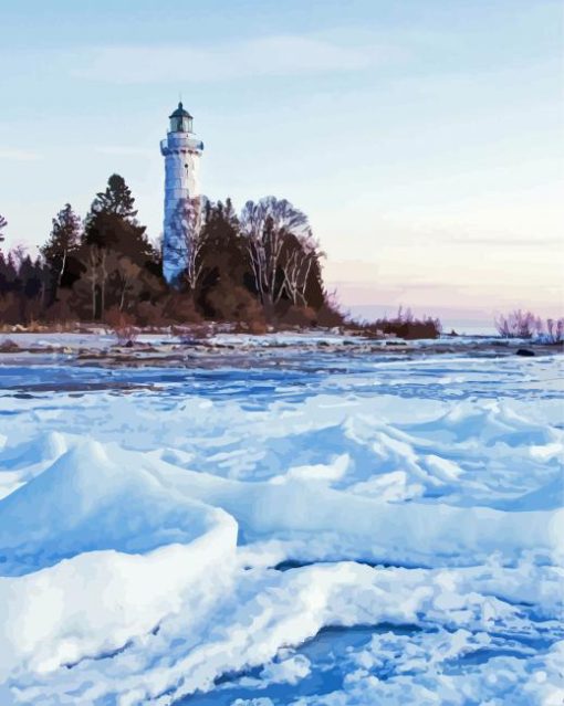 Door County Lighthouse In Winter paint by numbers