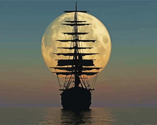 Ship On The Sea Moon Silhouette Paint By Numbers