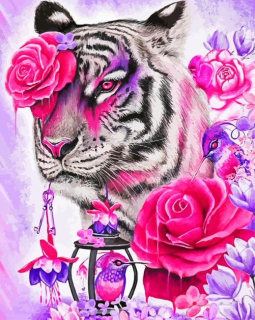 Tiger With Pink Flowers Paint By Numbers