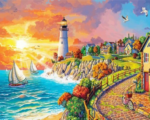 Sea Lighthouse And Sailboat Paint By Numbers