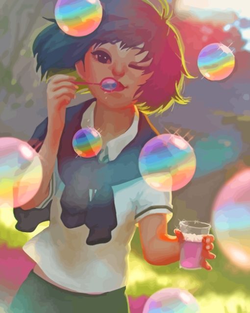 Anime Girl Blowing Bubble Paint By Numbers