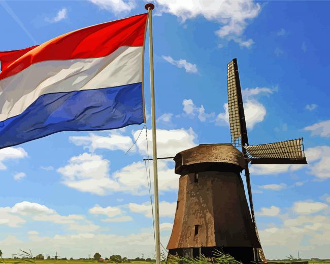 The Netherlands Flag And Mill Tower Paint By Numbers