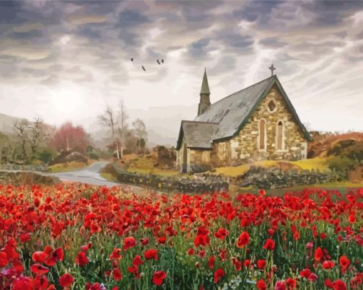 Poppies Country Church Paint By Numbers
