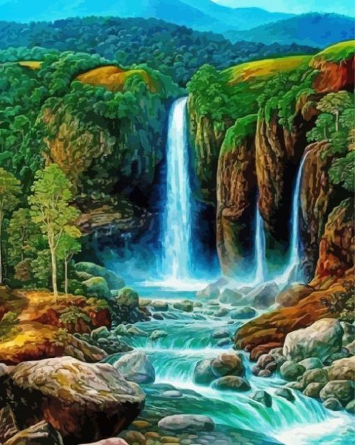 Riverfront Waterfall Mountains Paint By Numbers