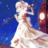 Anime Girl With White Dress And Clock Tower Paint By Numbers