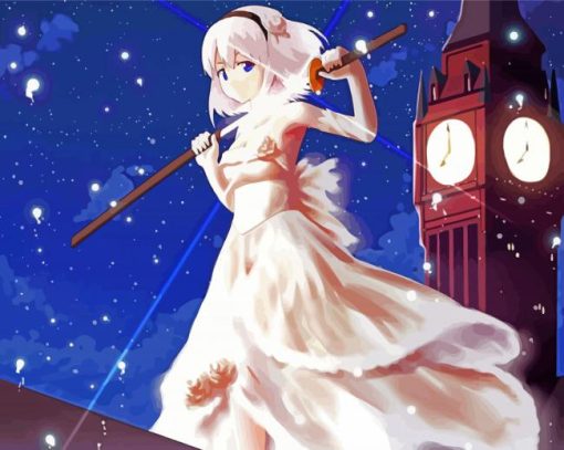 Anime Girl With White Dress And Clock Tower Paint By Numbers