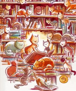 Cartoon Cats In Bookshelves Paint By Numbers