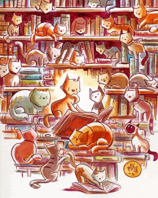 Cartoon Cats In Bookshelves Paint By Numbers