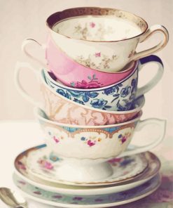 Vintage Stacked Tea Cups Paint By Numbers
