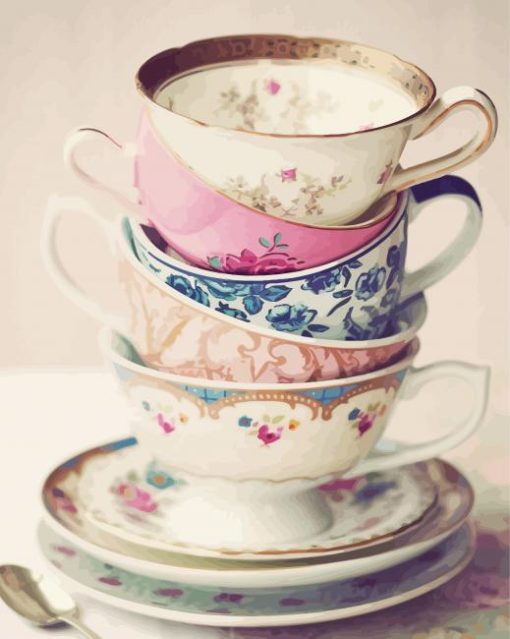 Vintage Stacked Tea Cups Paint By Numbers