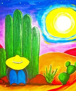 A Man Under Cactus In Mexican Desert Art Paint By Numbers