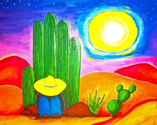 A Man Under Cactus In Mexican Desert Art Paint By Numbers