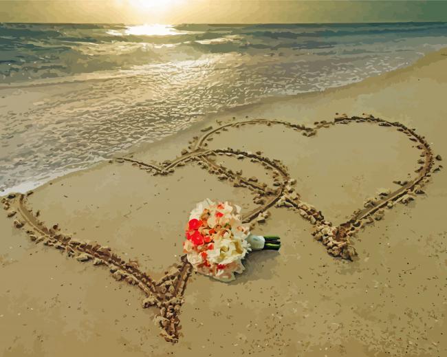 Beach With Hearts In Sand And Bouquet Of Flowers Paint By Numbers