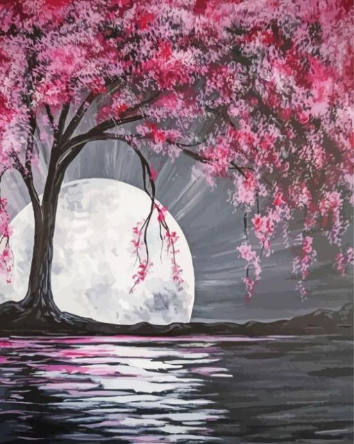 Cherry Tree And Moonlight Paint By Numbers