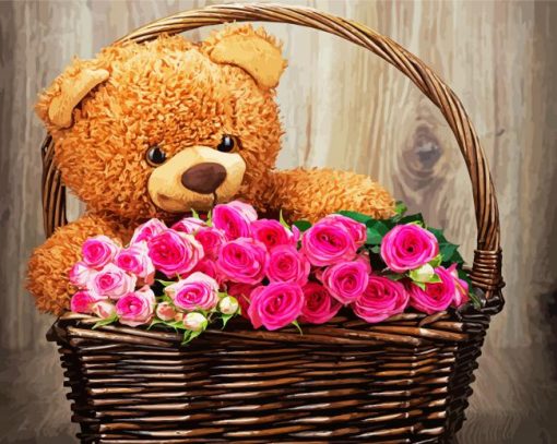 Cute Teddy Bear With Flowers Paint By Numbers