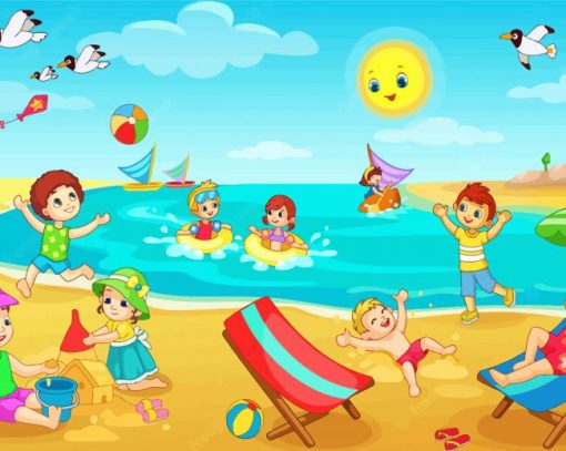 Kids Playing Beach Illustration Paint By Numbers