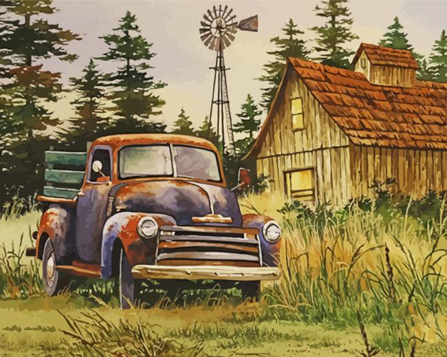 Old Truck Cars In Farmyard Art Paint By Numbers