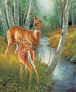Deer in Woods Beside River Paint By Numbers