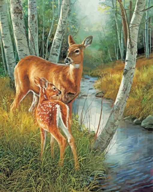 Deer in Woods Beside River Paint By Numbers