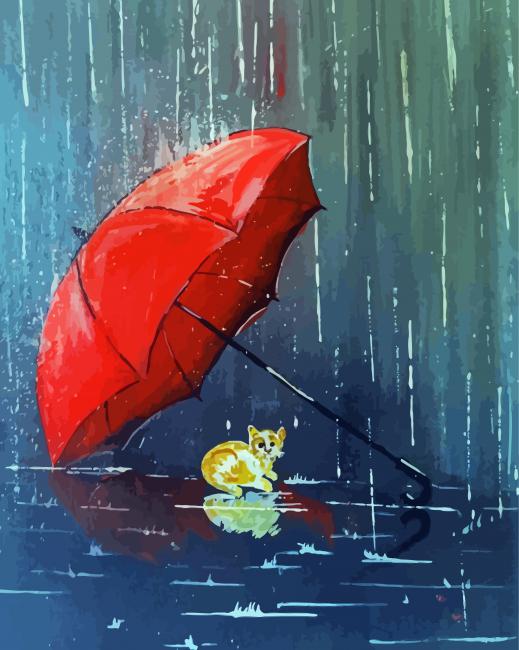 Cat In Rain Under Umbrella Paint By Numbers