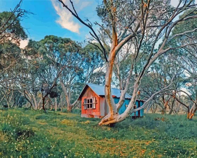 Cabin Between Snow Gums Trees Paint By Numbers